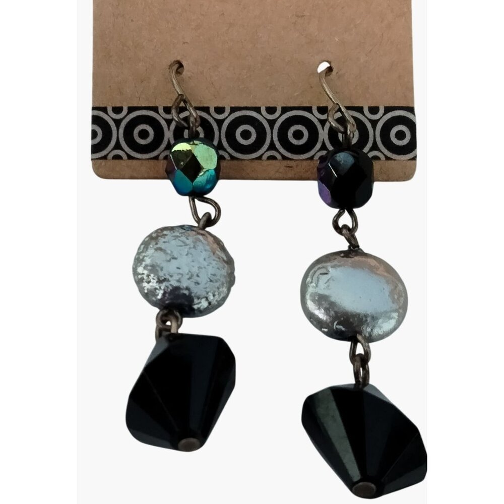 Silver Black Dangle Earrings Handmade Crystal Beads